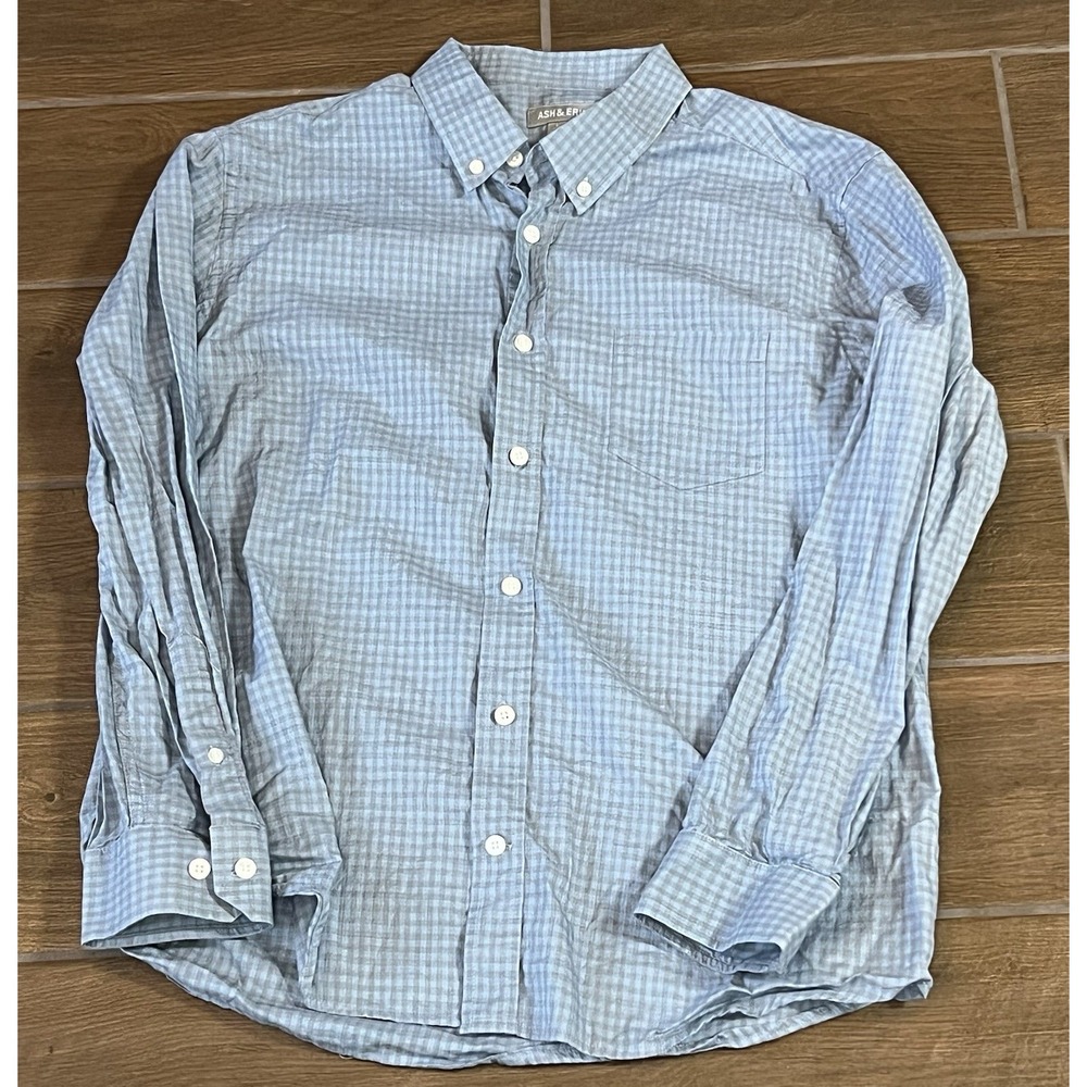 Ash & Erie Shirt Mens Large Gingham Blue Standard Cotton Long Sleeve Button Up